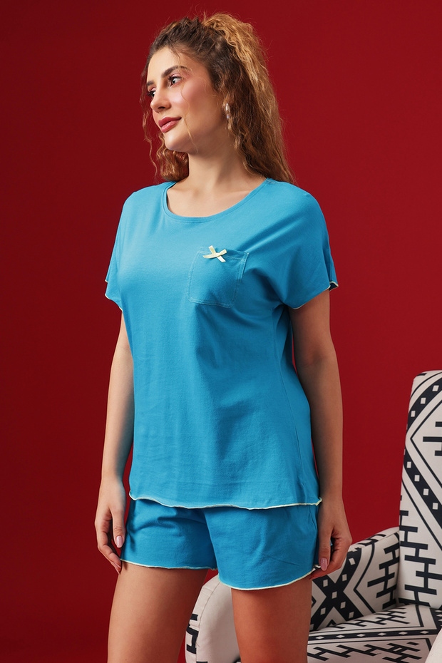 طقم أنيق أساسي مكون من بلوزة وشورت باللون الأزرق الفاتح - قطن 100% - 4