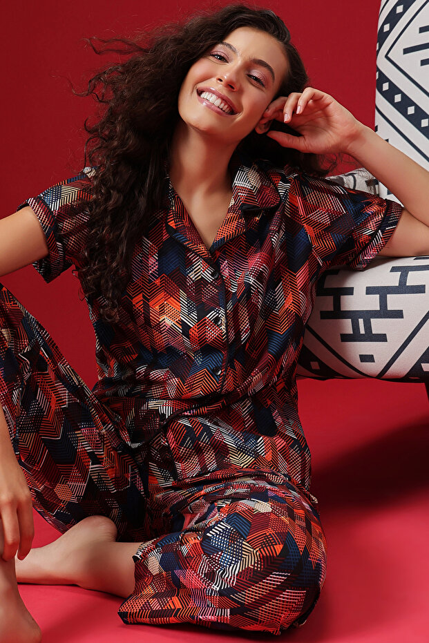 Button Down Night Suit in Multicolour - Crepe - 1