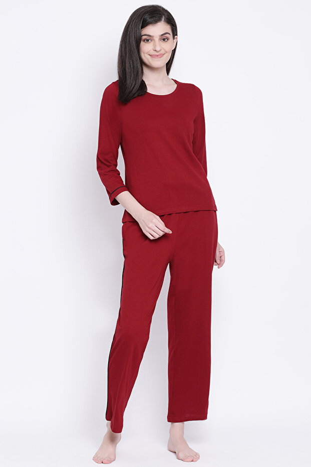Chic Basic Top & Pyjama Set in Maroon- Cotton Rich - 2