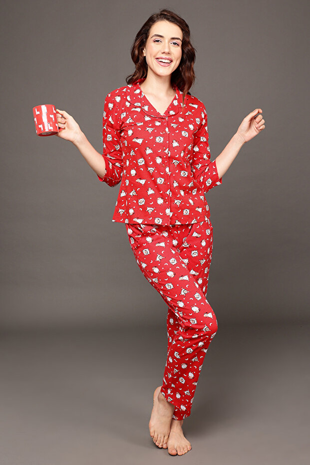Sheep Print Button Down Shirt & Pyjama Set in Red - 100% Cotton