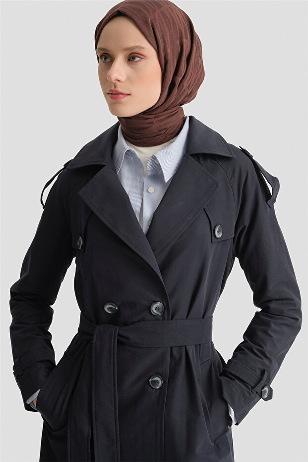 Basic Uzun Trençkot Lacivert - 2