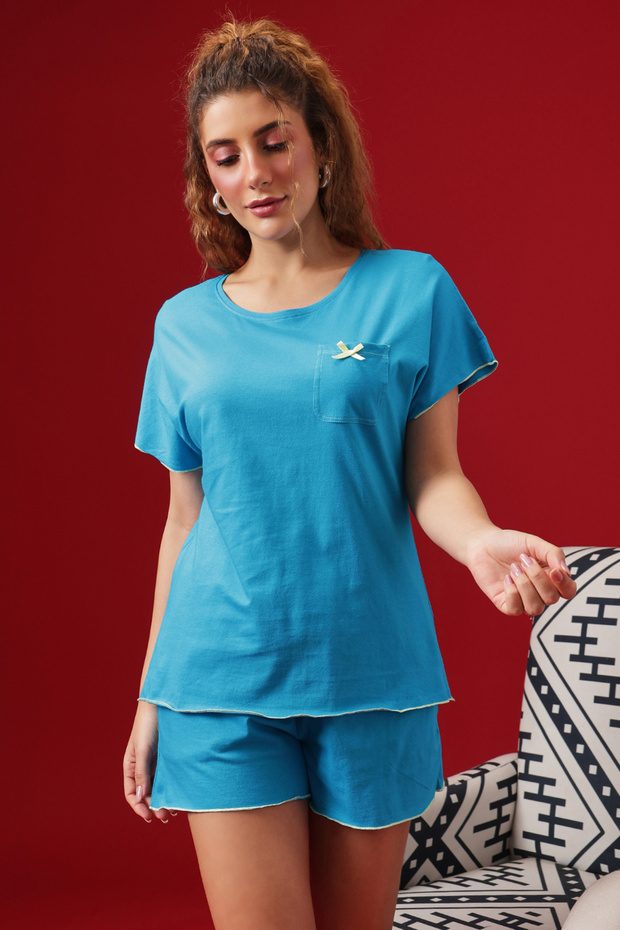 طقم أنيق أساسي مكون من بلوزة وشورت باللون الأزرق الفاتح - قطن 100% - 1