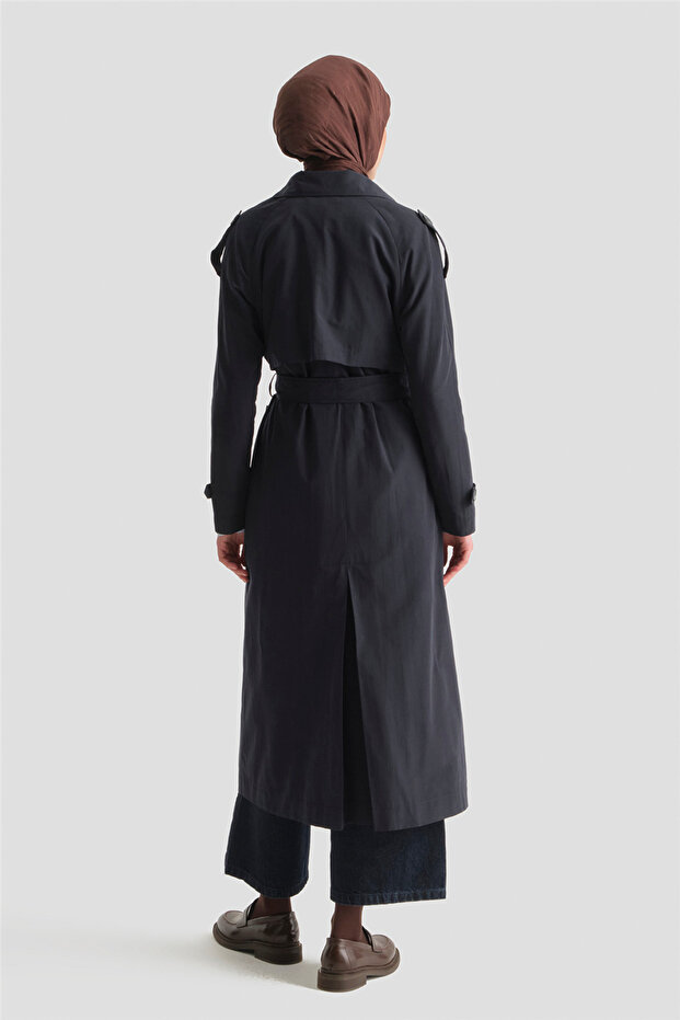 Basic Uzun Trençkot Lacivert - 3