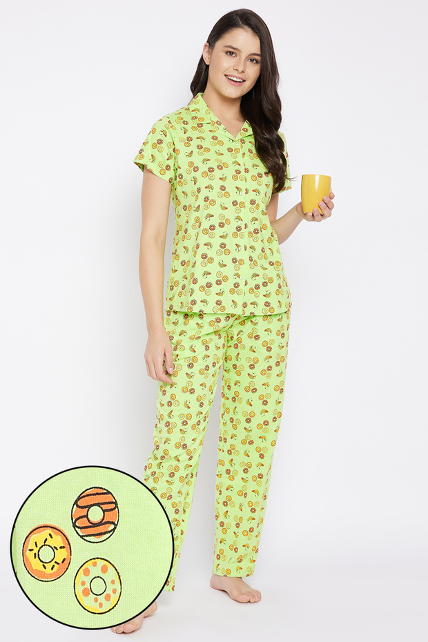 Donut Print Button Down Shirt & Pyjama Set in Light Green - 100% Cotton