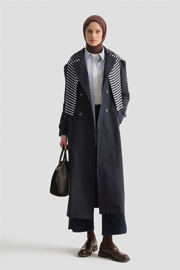 Basic Uzun Trençkot Lacivert - 1