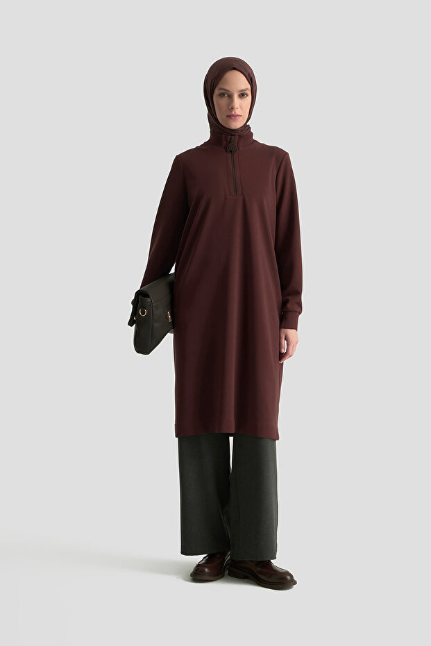Fermuar Detaylı Basic Tunik Kahve - 2