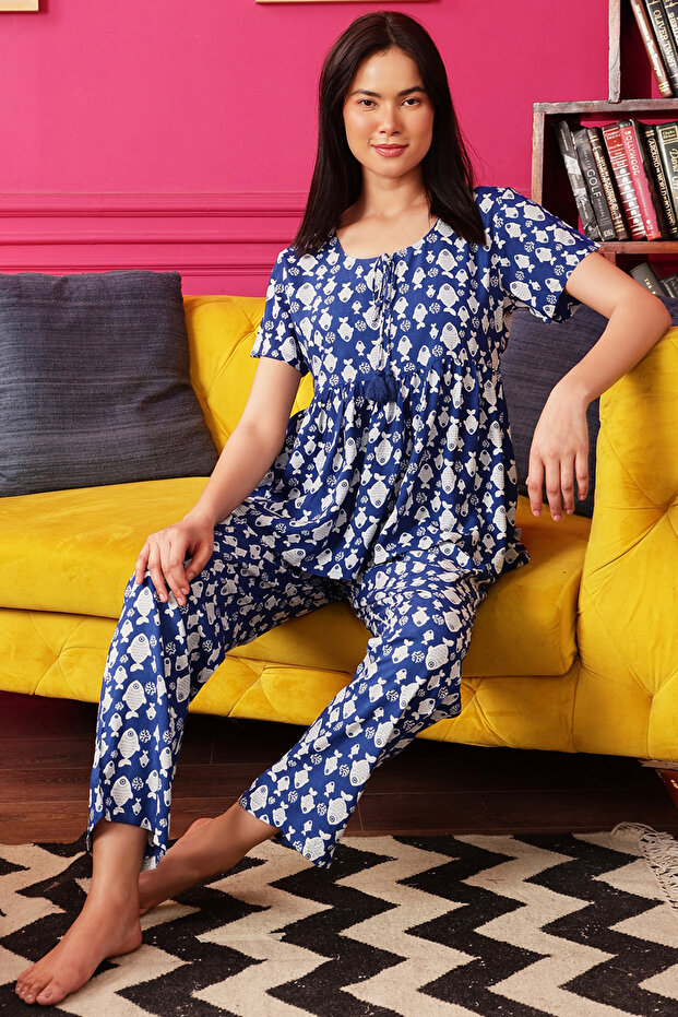 Fish Print Peplum Top & Pyjama Set in Midnight Blue - Rayon
