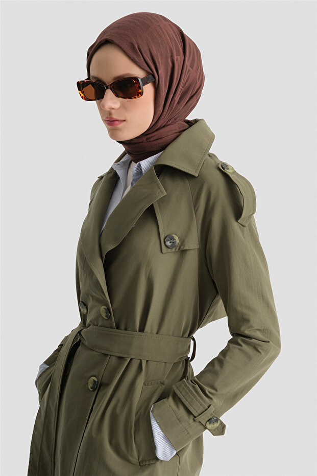 Basic Uzun Trençkot Haki - 4