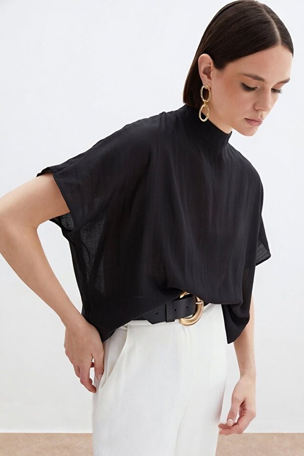 Patterned Casual Blouse - Black - 1