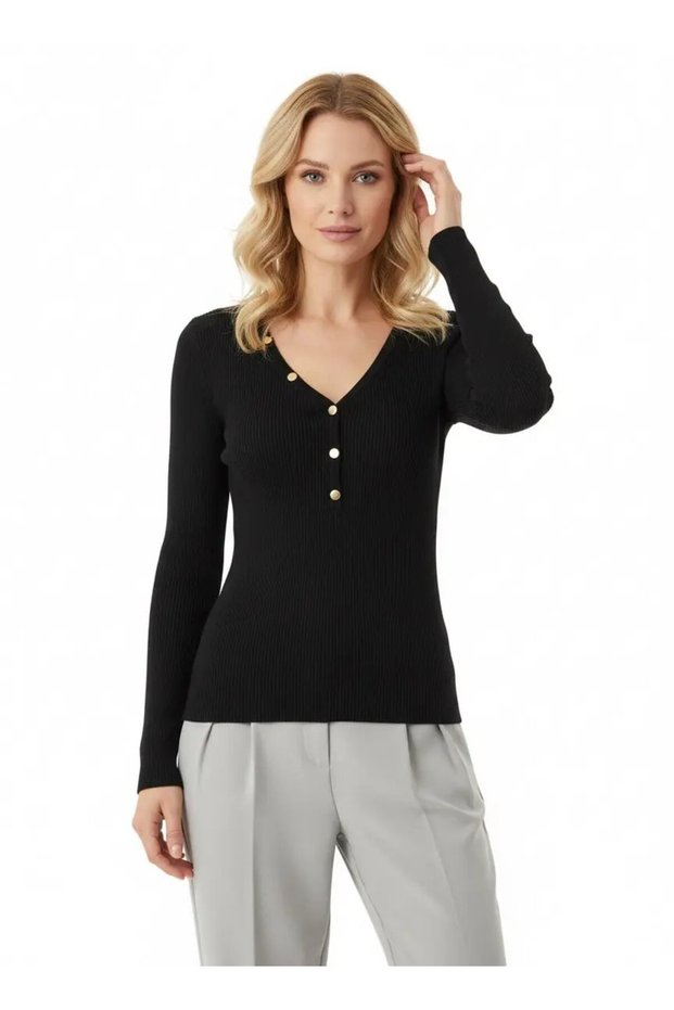 Women's V Yak Lux Touch Gold Button Detail Premium Yarn Tirko Sweater 12417