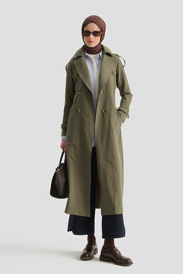 Basic Uzun Trençkot Haki - 2