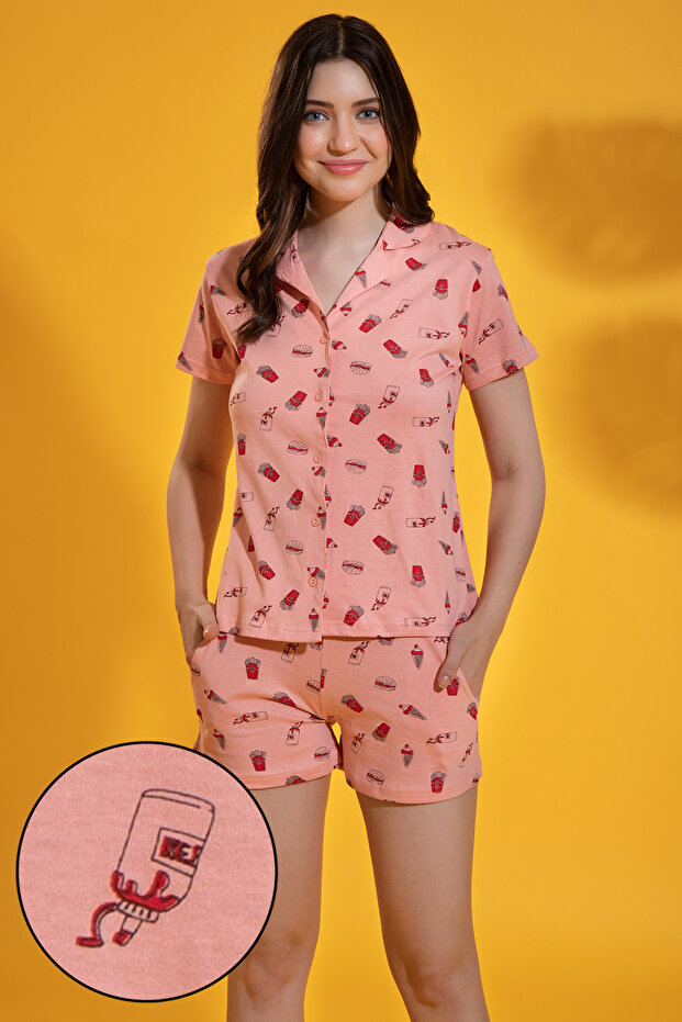 Print Me Pretty Button Me Up Shirt & Shorts Set in Salmon Pink - 100% Cotton