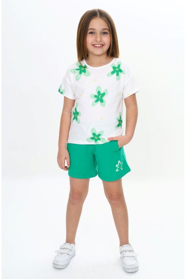 Girl's 2-Piece Set Printed Crew Neck T-Shirt & Pocket Shorts with Elastic Waist