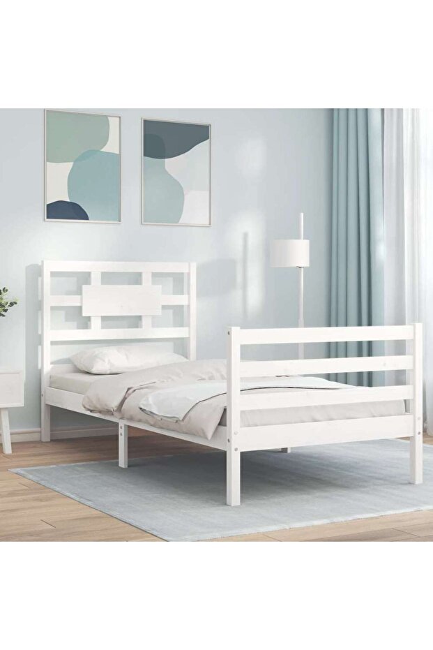 Bed frame with headboard 3FT, single, white, solid wood - 1