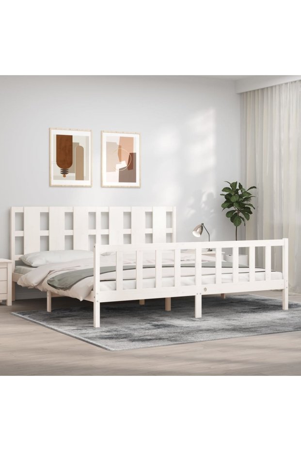 Bed frame with headboard, white, 180x200 cm, solid wood
