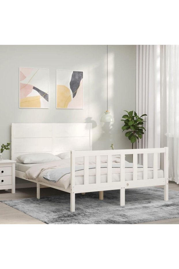 Bed frame with headboard, 140x190 cm, white, solid wood