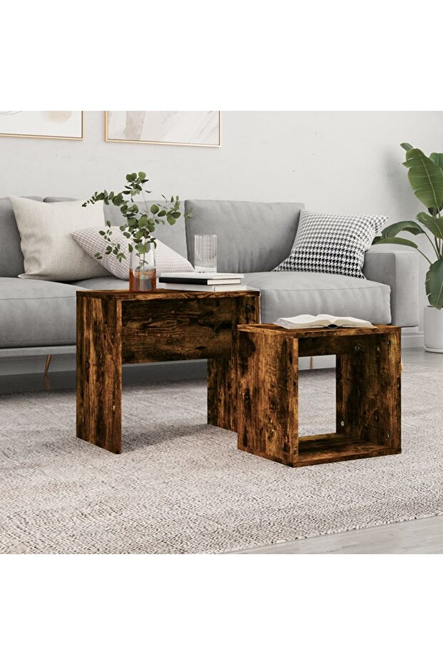 Stackable coffee tables, 2 pcs, smoked oak, engineered wood - 1