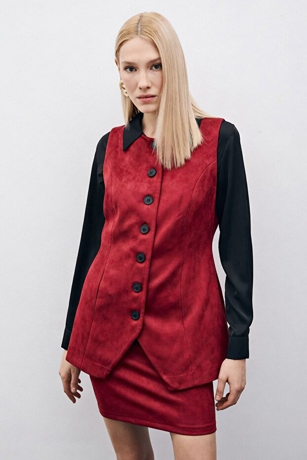Buttoned Long Suede Vest - Burgundy