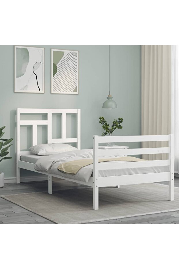 Bed frame with headboard 3FT, single, white, solid wood - 4