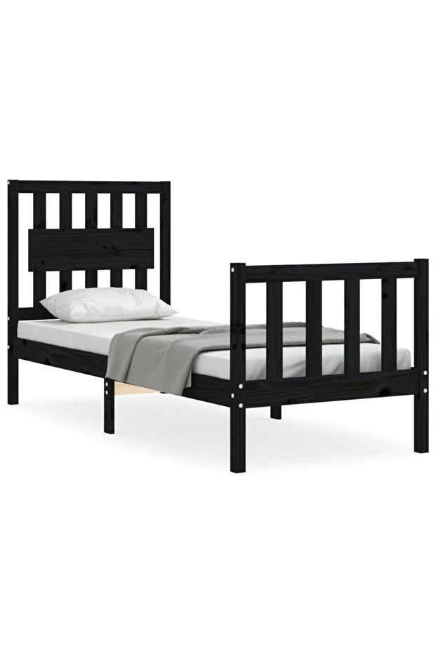 2FT6 Small Single Bed Frame with Headboard, Black, Solid Wood - 2