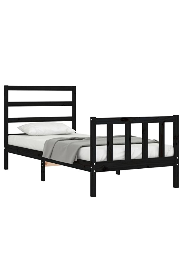 2FT6 Small Single Bed Frame with Headboard, Black, Solid Wood - 3