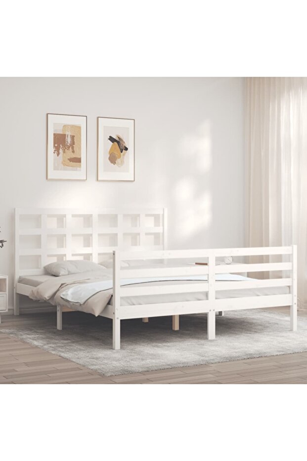 Bed frame with headboard, white, solid wood, king size 5FT - 4