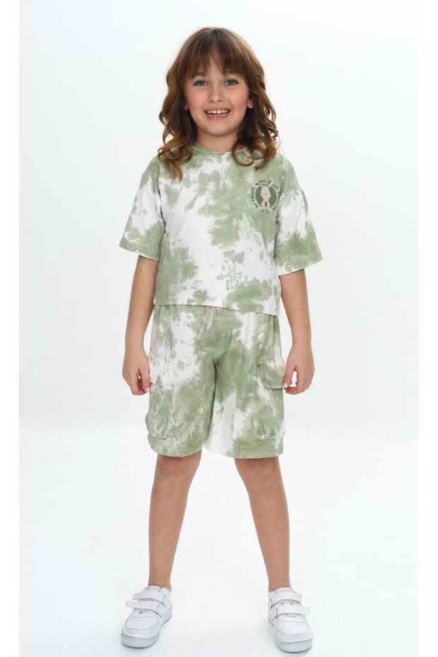 Girl's 2-Piece Set: Tie-Dye Printed Crew Neck T-Shirt & Elastic Waist Pocket Shorts