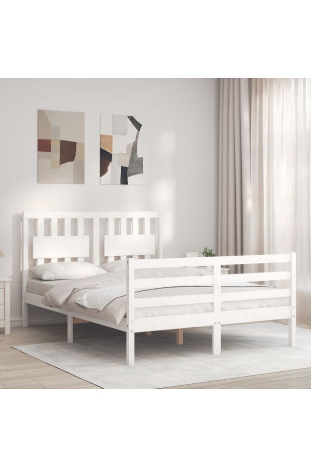 Bed frame with headboard, white, 140x200 cm, solid wood