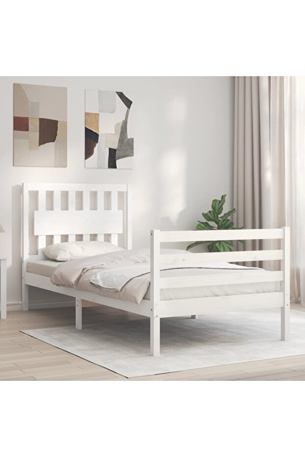 Bed frame with headboard 3FT, single, white, solid wood - 1