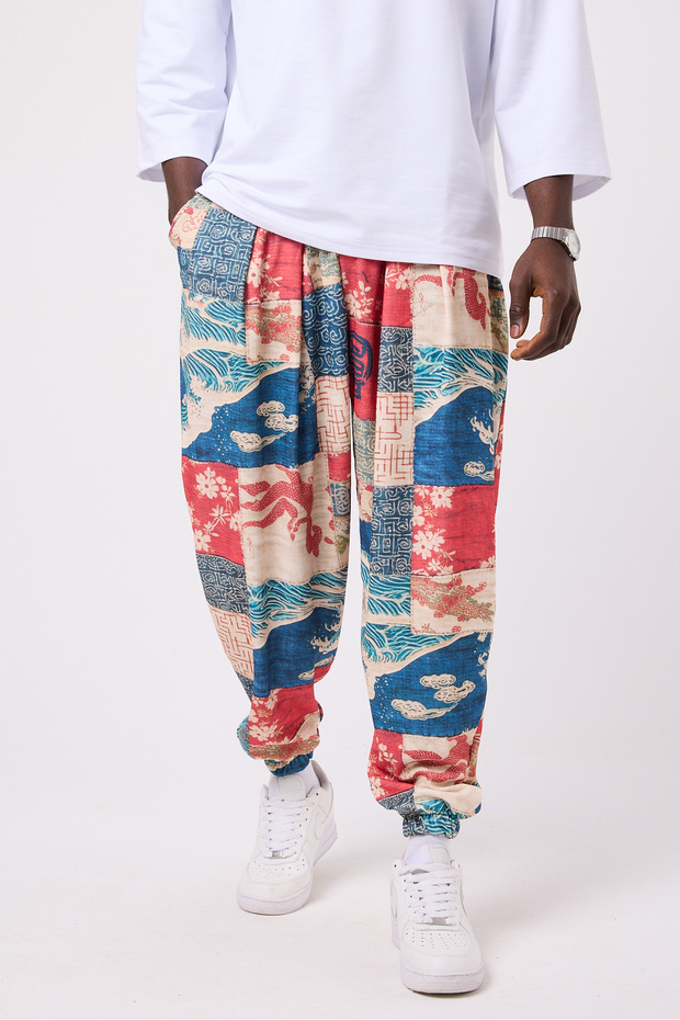 Unisex Street Style Printed Wrinkled Sports Baggy Trousers