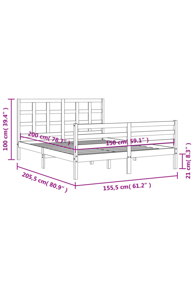 Bed frame with headboard, white, solid wood, king size 5FT - 8