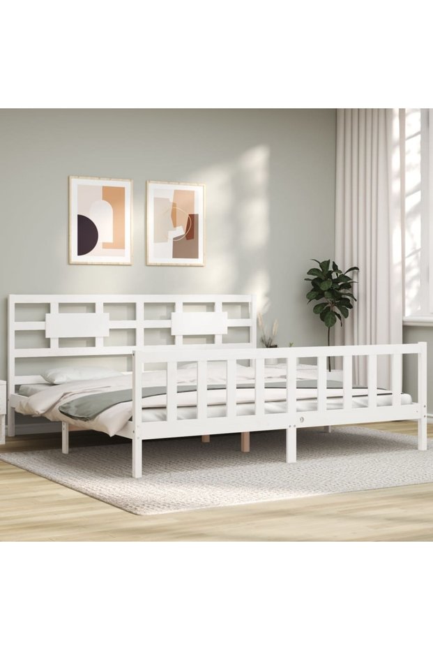 Bed frame with headboard 200x200 cm, white, solid wood