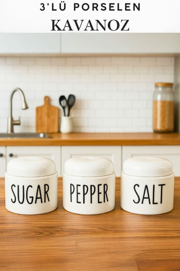 Set of 3 Porcelain Salt Pepper Sugar Spice Jar - Salt, Pepper, Thyme Storage Container