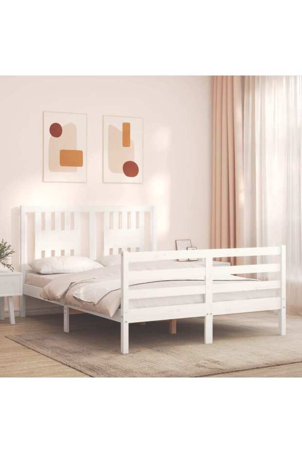 Bed frame with headboard, white, solid wood, double 4FT6