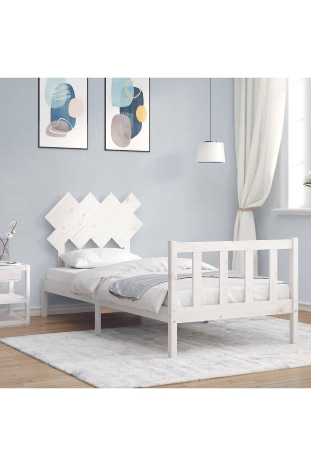 Bed frame with headboard 3FT, single, white, solid wood
