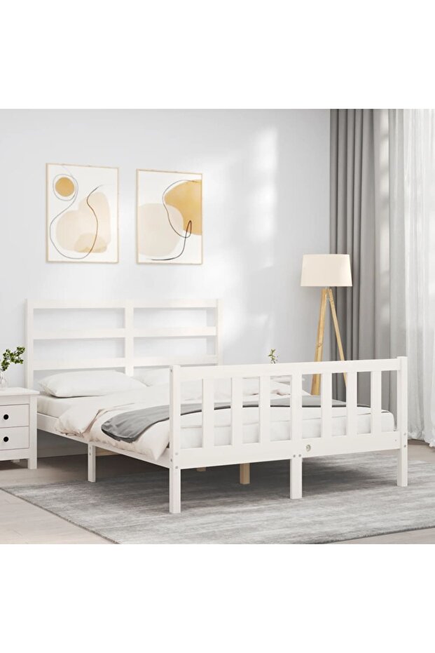 4FT Bed Frame with Headboard, Small Double, Solid Wood - 4