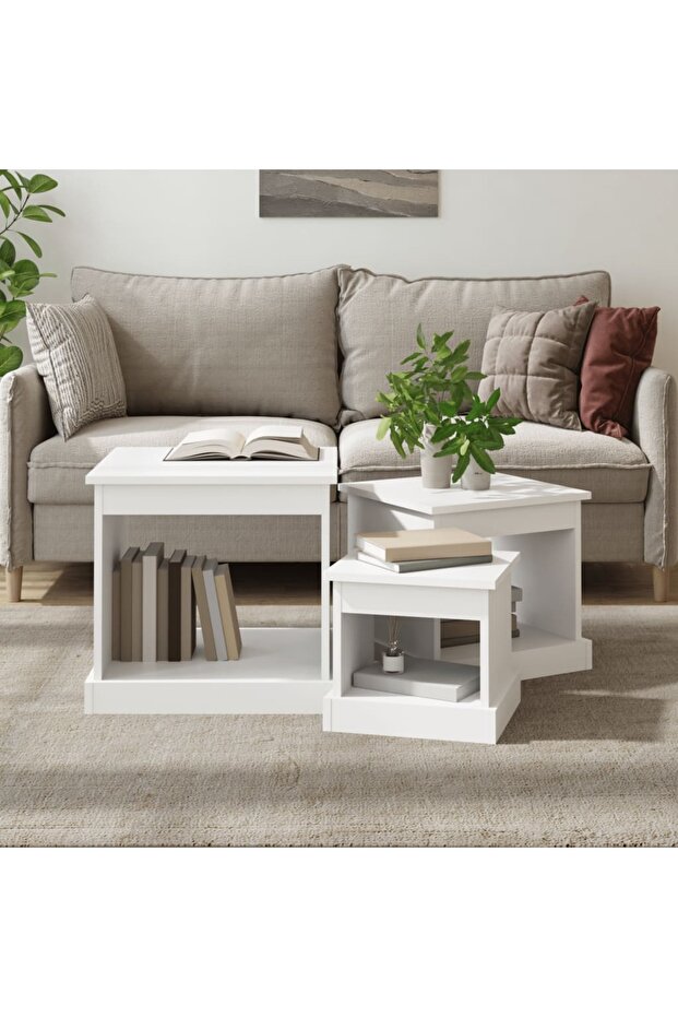 Stackable tables, 3 pcs., white, processed wood - 1