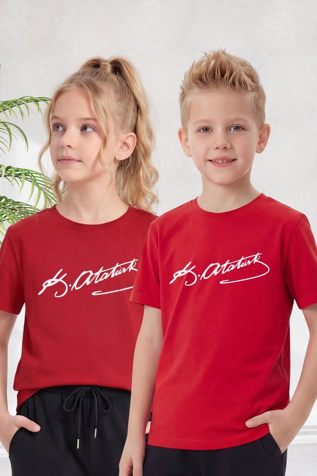 Single Atatürk, Signature and Flag Printed Short Sleeve Unisex Kids T-Shirt