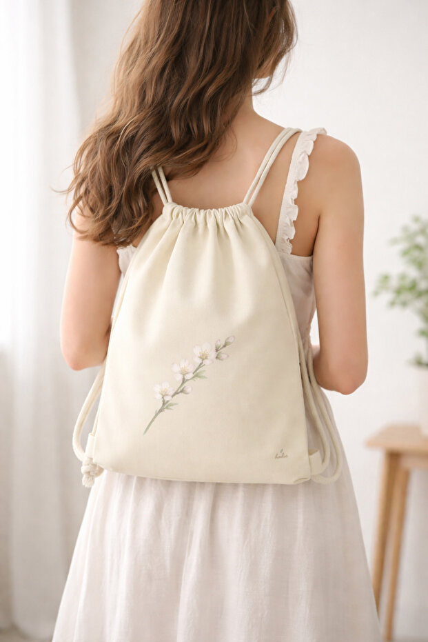 Almond Blossom Patterned Ruched Cloth Backpack Thin H Lightweight Raw Cloth Daily Use
