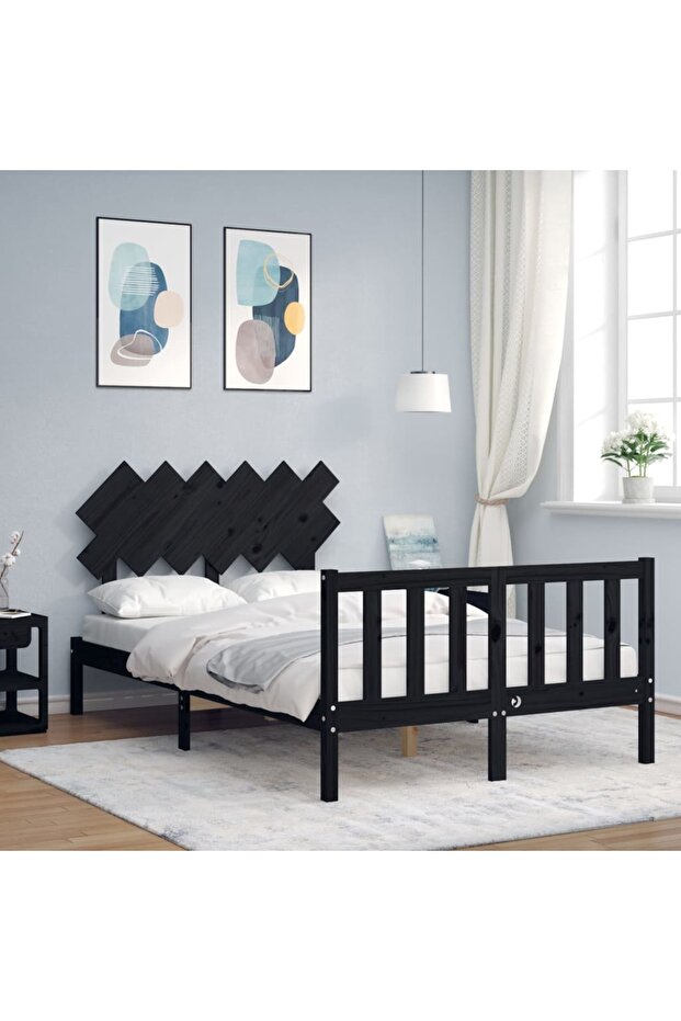 Bed frame with headboard, black, solid wood, double 4FT6 - 1