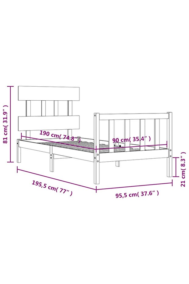 Bed frame with headboard 3FT, single, solid wood - 8