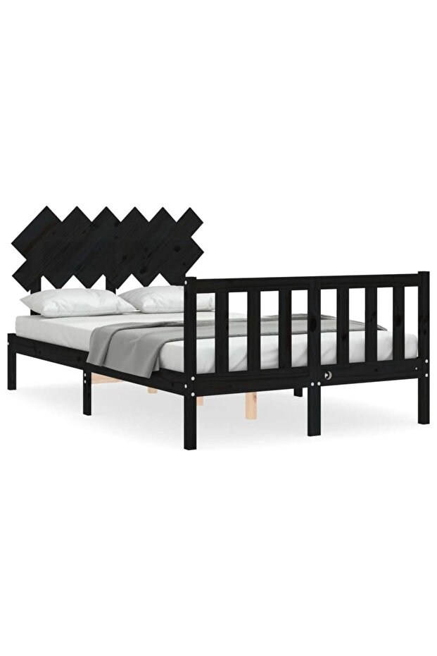 Bed frame with headboard, black, solid wood, double 4FT6 - 2