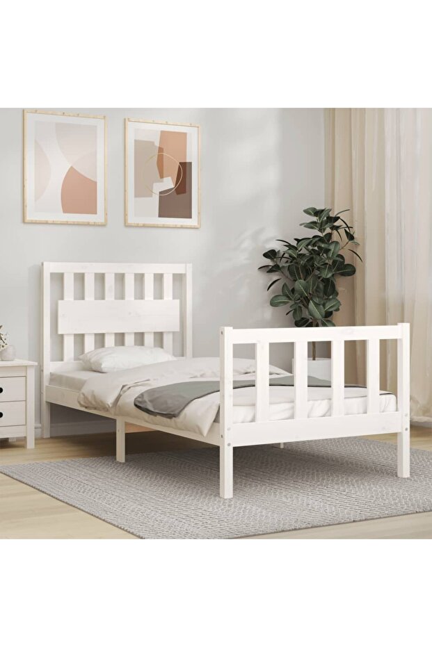Bed frame with headboard 3FT, single, white, solid wood - 1