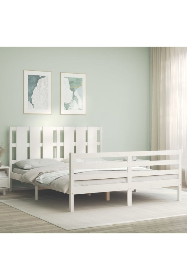 Bed frame with headboard, white, 160x200 cm, solid wood