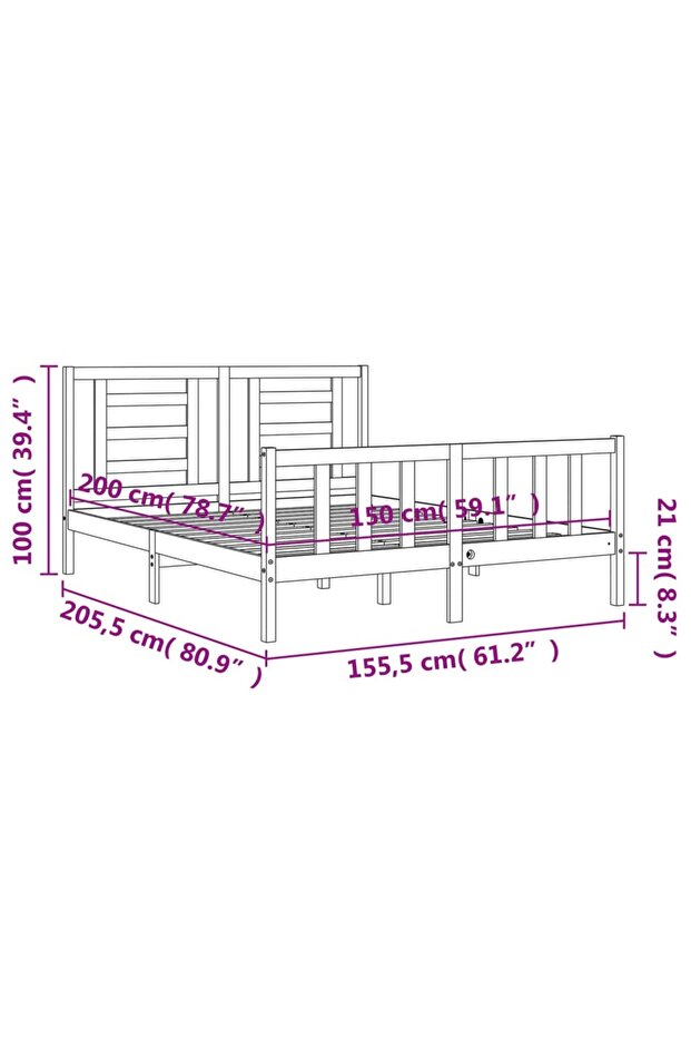 Bed frame with headboard, solid wood, king size 5FT - 8