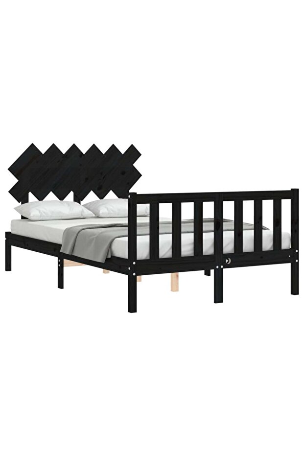 Bed frame with headboard, black, solid wood, double 4FT6 - 4