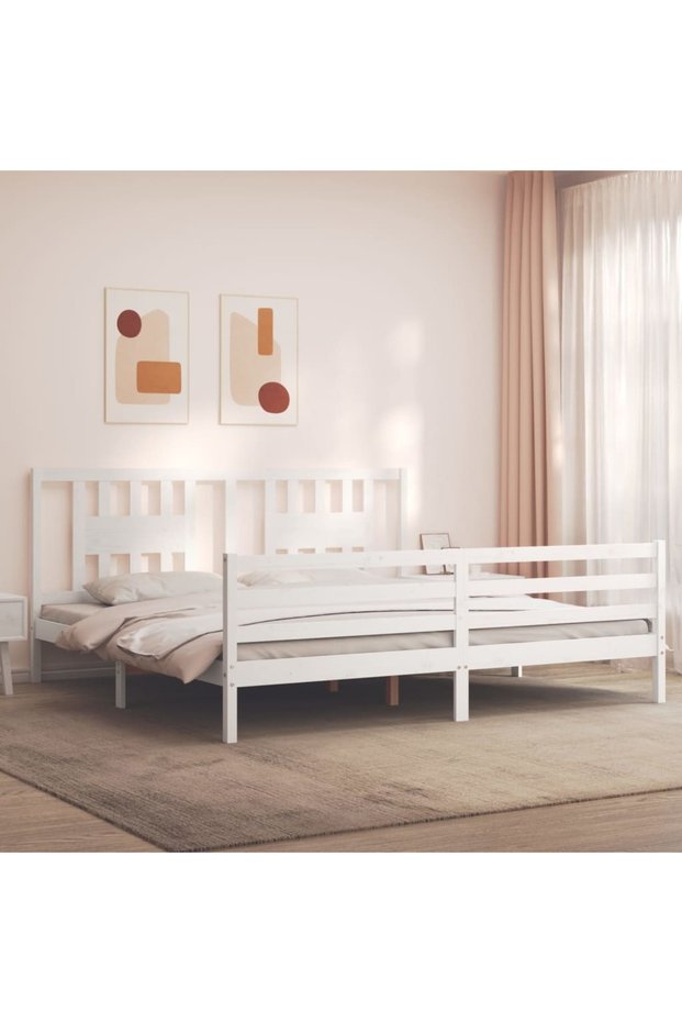 Bed frame with headboard 200x200 cm, white, solid wood
