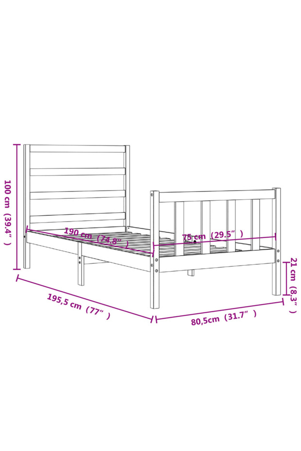 2FT6 Small Single Bed Frame with Headboard, Black, Solid Wood - 8