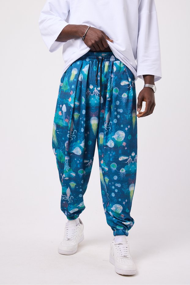 Unisex Street Style Printed Wrinkled Sports Baggy Trousers