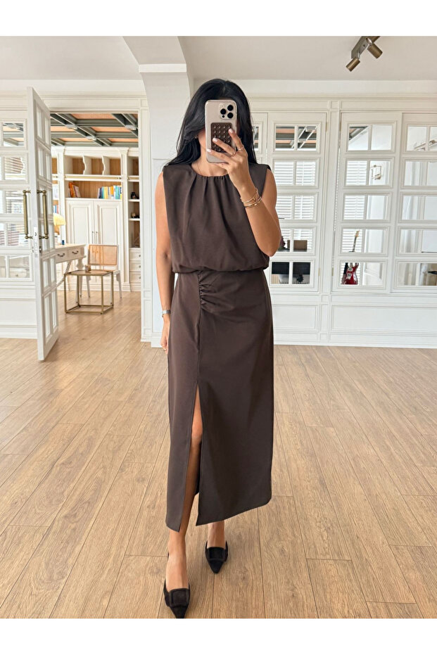 Brown Slit Dress with Elastic Waist - 1553